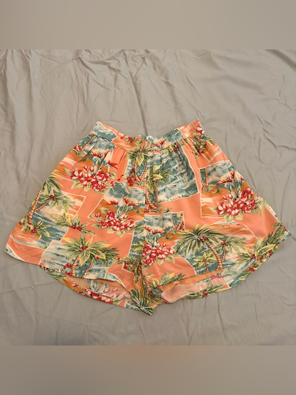 American Eagle Peach Tropical Print Elastic-Waist Shorts